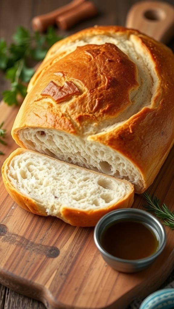 A golden-brown artisan sandwich bread loaf sliced on a wooden board, with herbs and olive oil.
